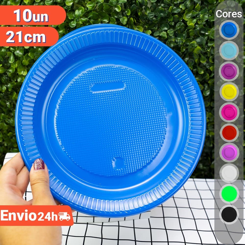 Prato Descartável Resistente Refeição Raso 21cm Colorido c/10un