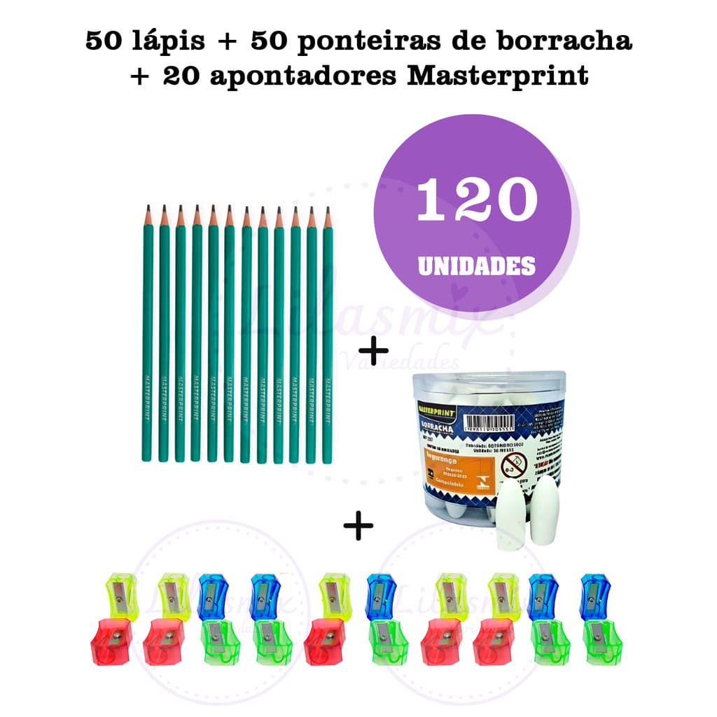 Kit 50 Lápis de Escrever N2 Preto Masterprint + 50 Borracha Escolar Ponteira Branca + 20 apontadores