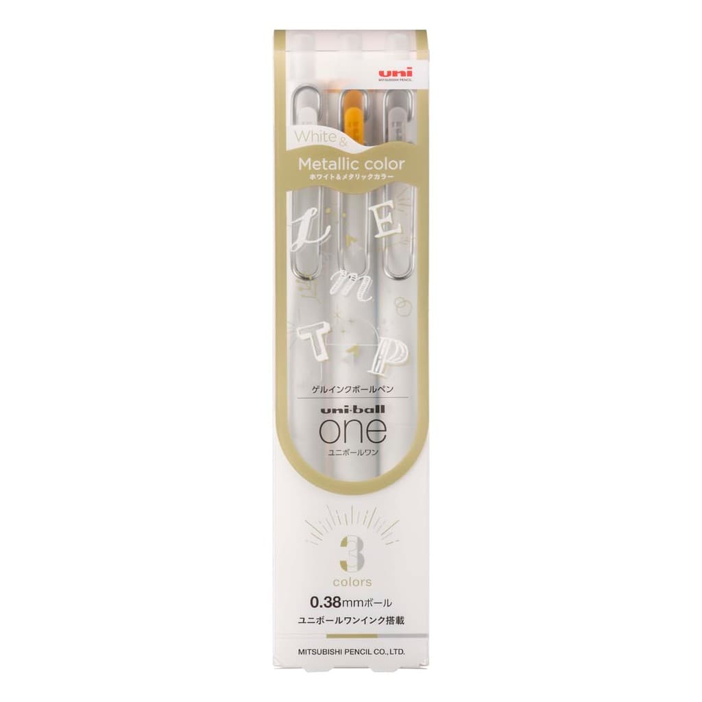 Caneta esferográfica Mitsubishi Pencil Gel Uniball One 0,38 Branco, Dourado, Prateado 3 peças UMNSC38WGS3C [Enviado dir