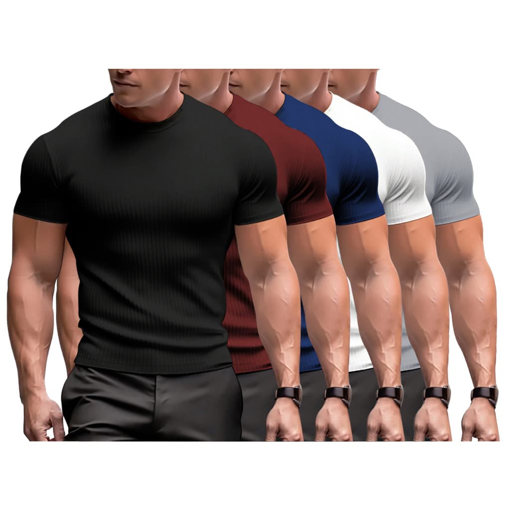 Kit 5 Camisa Masculina Malha Canelada Manga Curta Slim