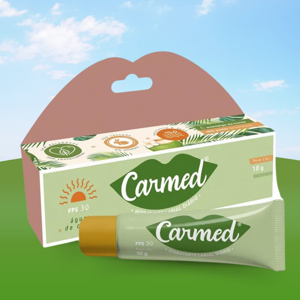Carmed Hidratante Labial Água de Coco  FPS30 10g Cimed Efeito Gloss Lábios Macios Proteção Solar Manteiga de Cacau