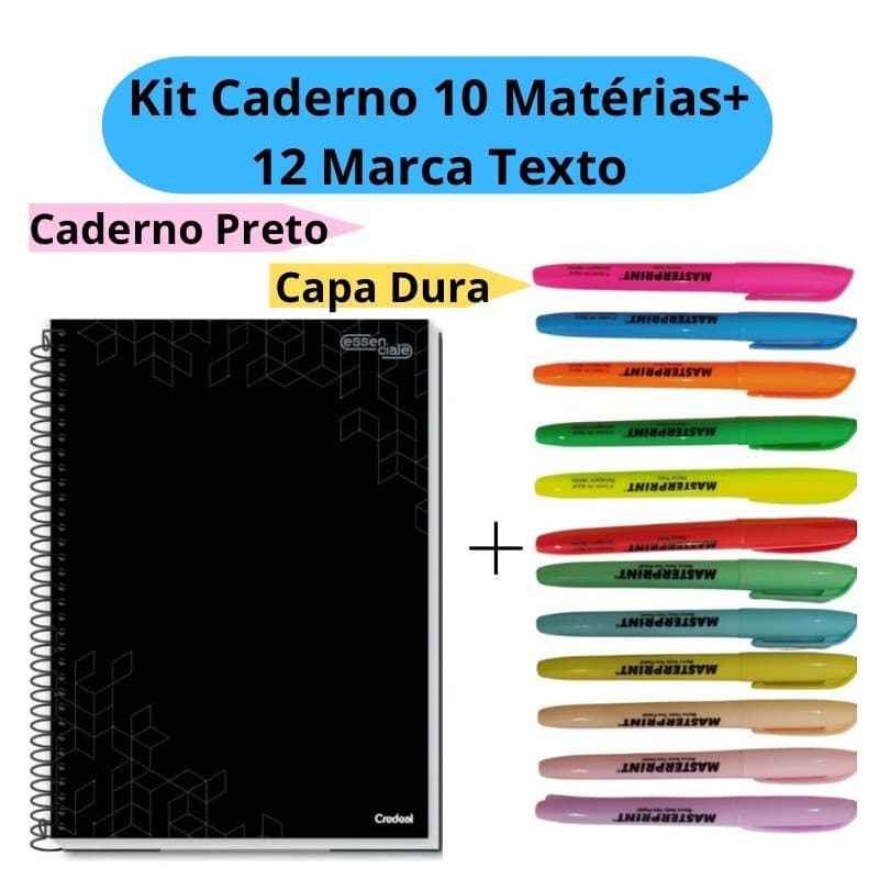 Kit 12 Marca Texto (6 Neon + 6 pastel) + Caderno Universitário 10 Matérias Caderno Preto Capa Dura Espiral Escolar