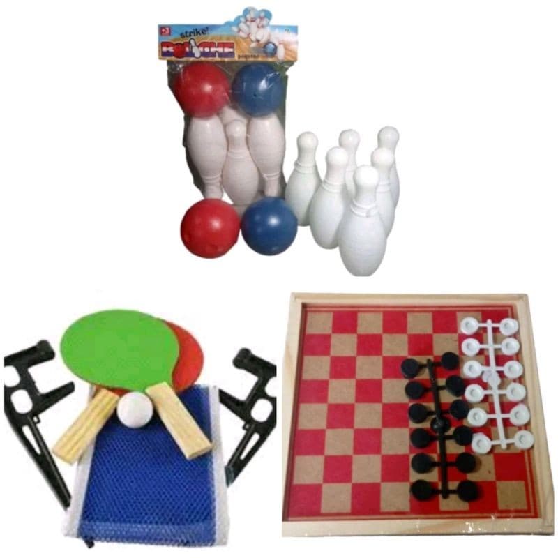 KIT REDE DE TENIS DE MESA E 2 RAQUETE  PING PONG+Mini Boliche Infantil 6 pinos 16 cm  e duas bolas+JOGO DE DAMA 28x28 CM