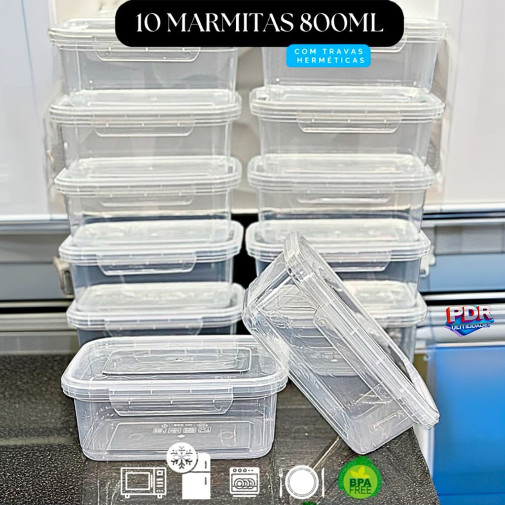KIT Conjunto 10 Marmita Potes 800ml com Travas Laterais BPA FREE - Organizadores de Alimentos para Congelador