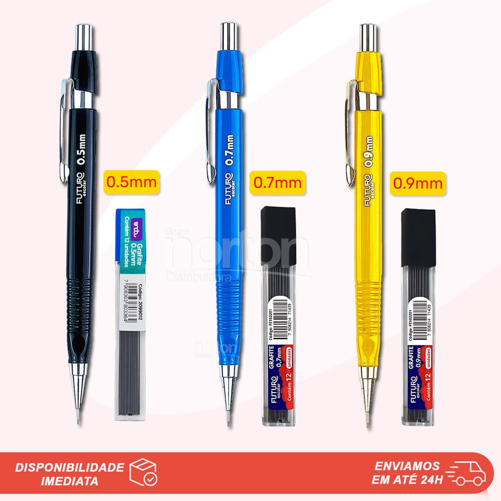 KIT PROMOCIONAL Lapiseira Técnica Triangular 0.5mm, 0.7mm, 0.9mm + Grafite
