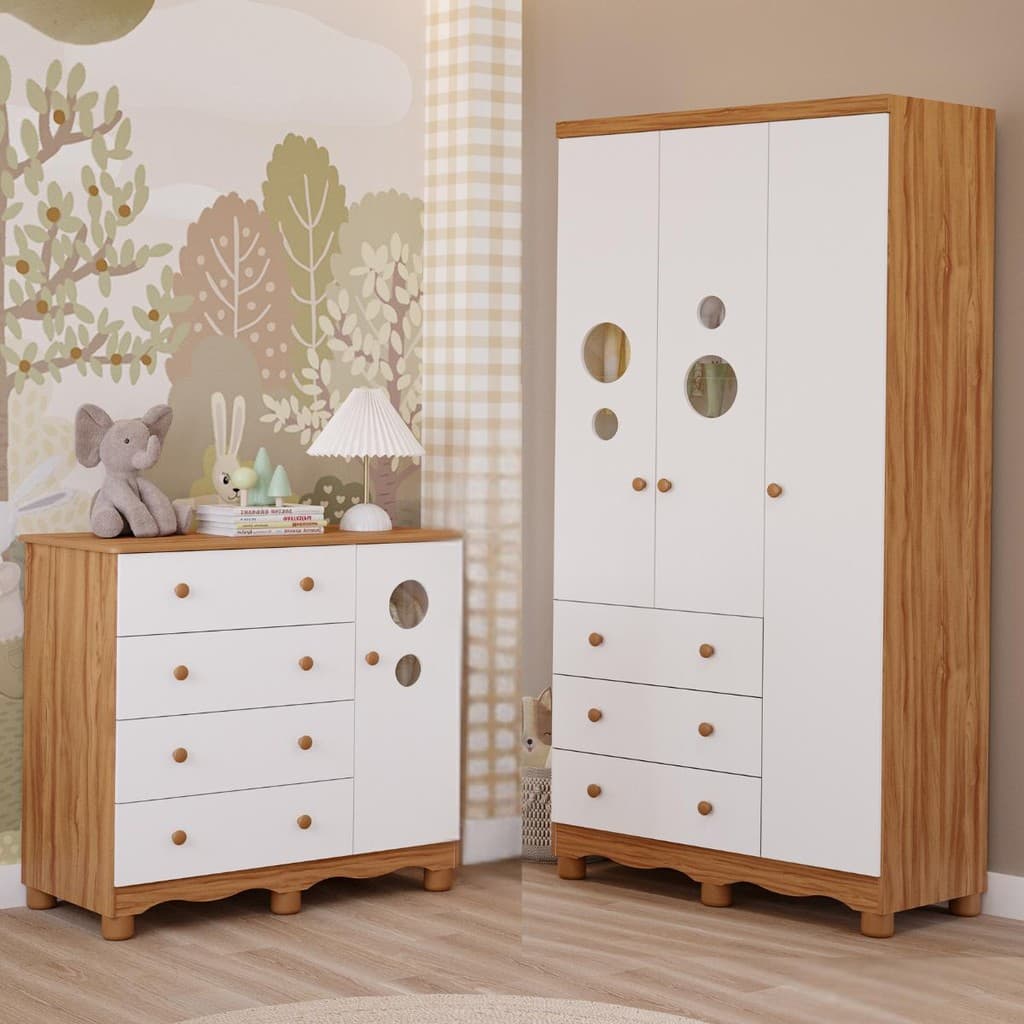Quarto de Bebê Completo com Guarda Roupa 3 Portas Cômoda Bolinha 4 Gavetas 100% MDF