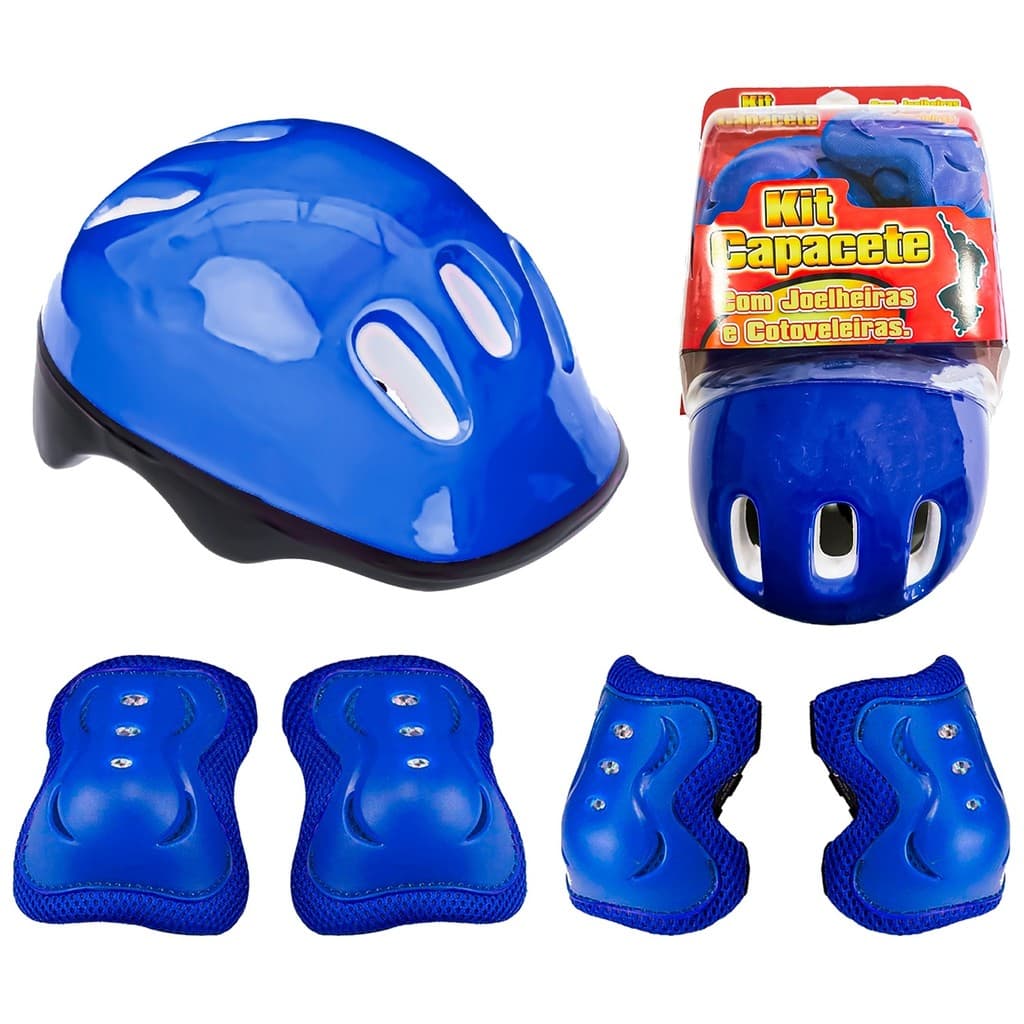 Kit Proteção Infantil Capacete Cotoveleiras Joelheiras Patins Skate Bicicleta Rollers Azul Fenix