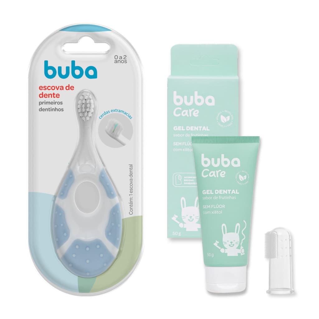 KIT ESCOVA DE DENTE PRIMEIROS DENTINHOS AZUL E GEL DENTAL SEM FLUOR BUBA CARE ESCOVA MASSAGEADORA