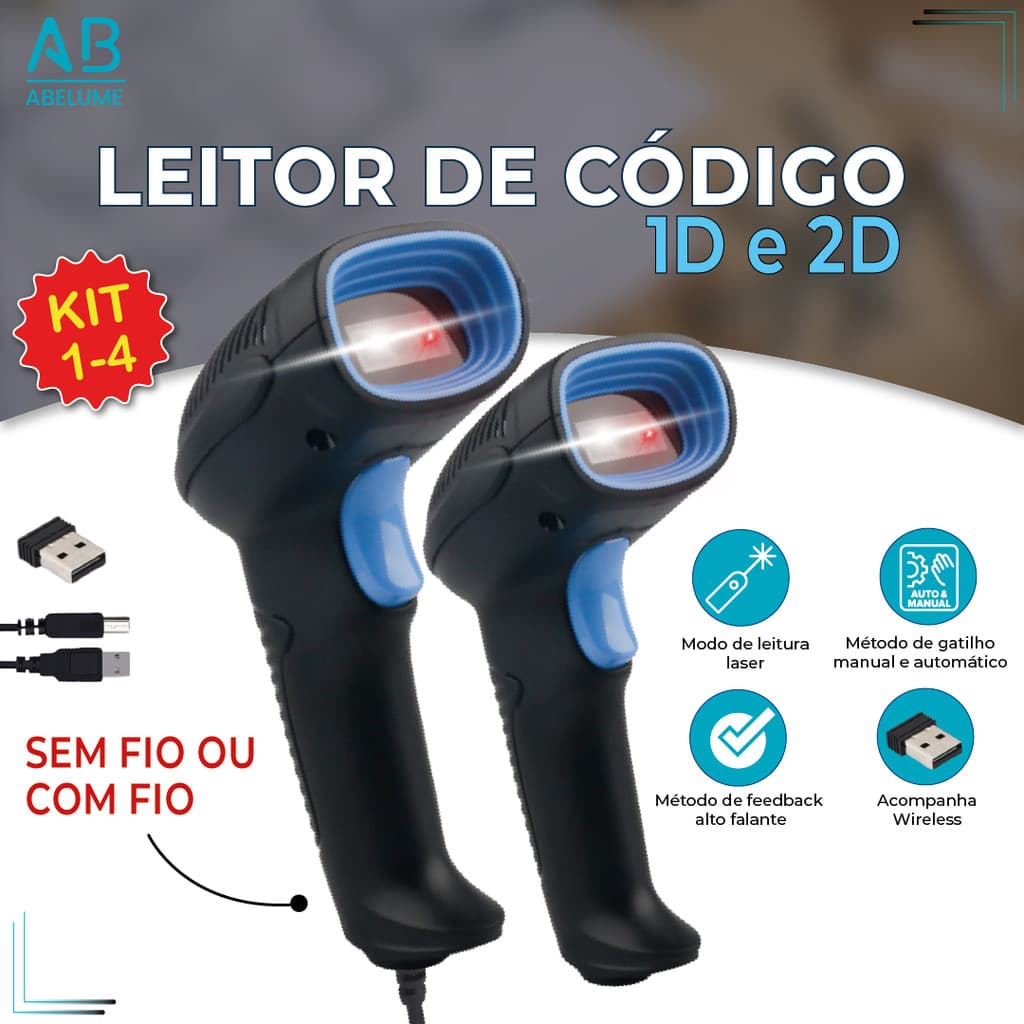 Leitor Código De Barras Scanner Portátil Laser Com Fio ou Sem Fio USB 1D/2D Leitor de Qr Code e Código de Barras