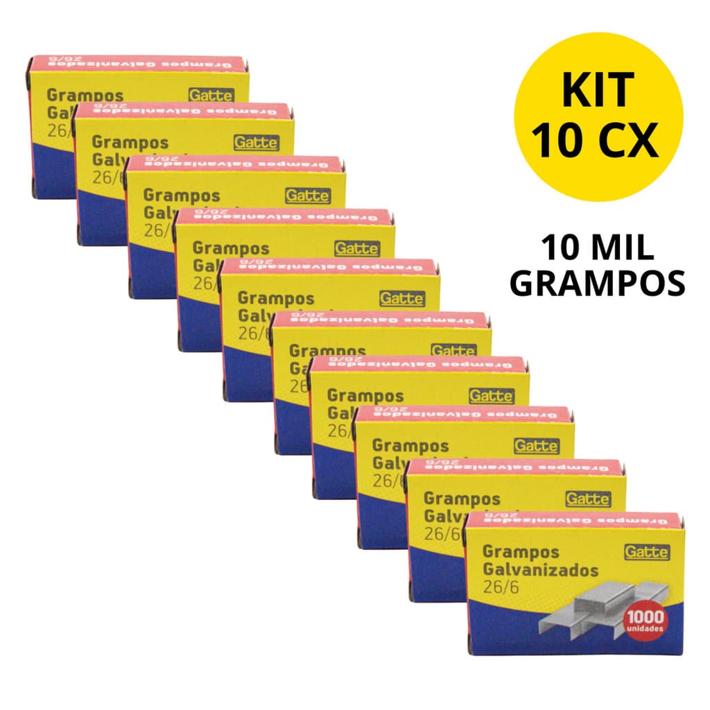 Kit 10 Caixas Grampos 26/6 Galvanizados 10.000 Dez Mil Unidades Metal para Grampeador Gatte
