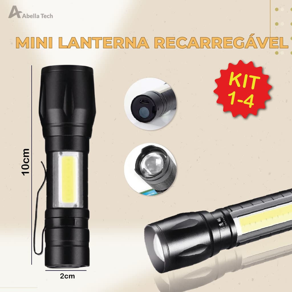 Mini Lanterna Led Tática USB Portátil com Zoom Recarregável Luz Forte Potência Alta