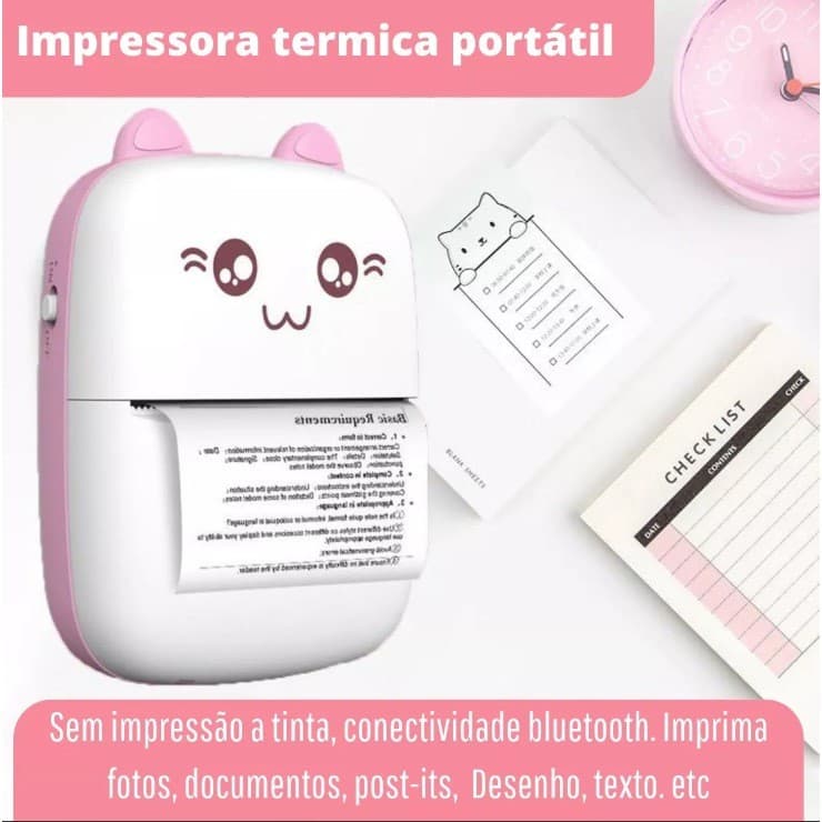 Mini Impressora Portátil Gato Rosa E Azul Térmica Bluetooth