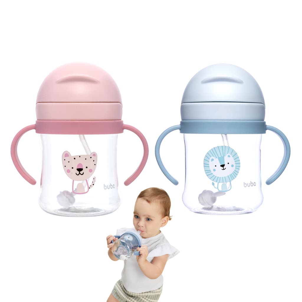 Copo Infantil Alça Canudo Válvula Anticólica Em Tritan Buba
