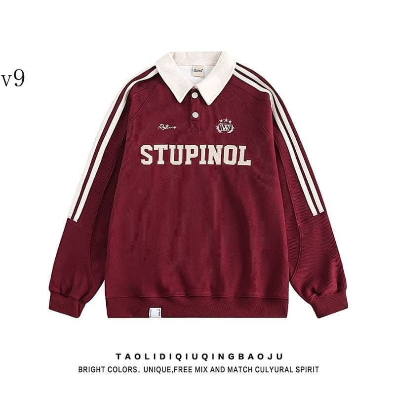 Novo Moletom Retro com Gola POLO para Homens Estilo Preppy Waffle Solto Casual Casal Roupas Listradas Manga Raglan Top O