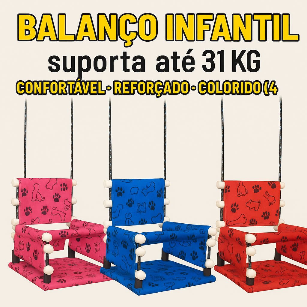 Balanço Infantil em Madeira Cadeira Suspensa Bebê Criança 31kg Confortável Reforçado Colorido