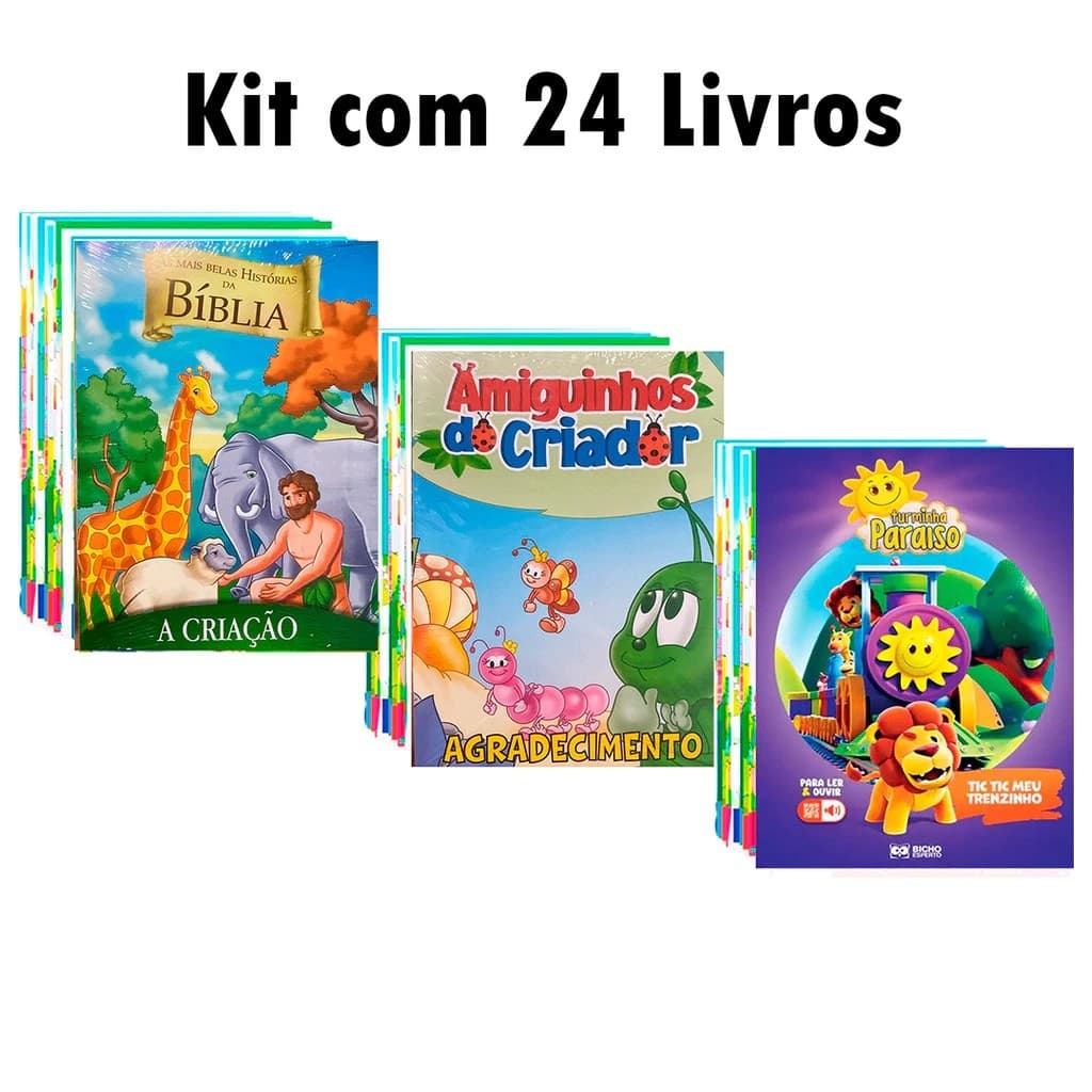 Kit C/ 24 livrinhos bíblicos - Histórias Biblicas + Amiguinhos do Criador + Turminha Paraíso