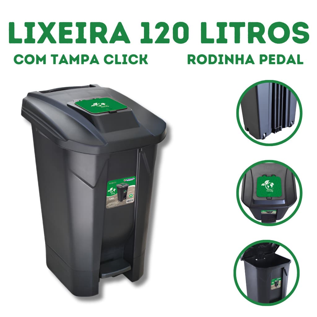 Lixeira Grande Contêiner 120 Litros Com Rodas Pedal Com Tampa Click Resistente Comércio Condomínio