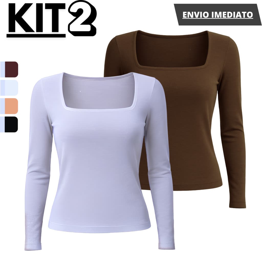Kit 2 Blusa Manga Feminina Longa Decote Quadrado de Suplex Básica