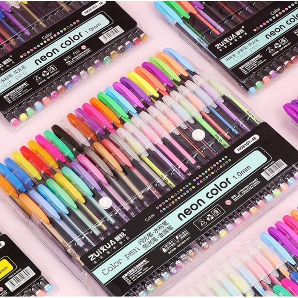 Kit 12/24/36 Canetas 1.00mm Com Glitter Pastel Metal Gel ColorGel Neon  Para Escolar