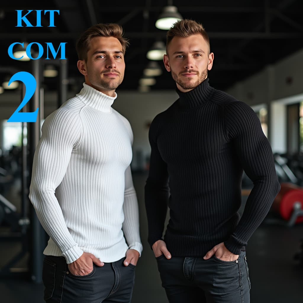 Kit com 2 Suéter Cacharrel Canelado Premium  Gola Alta Masculino Camiseta Manga Longa