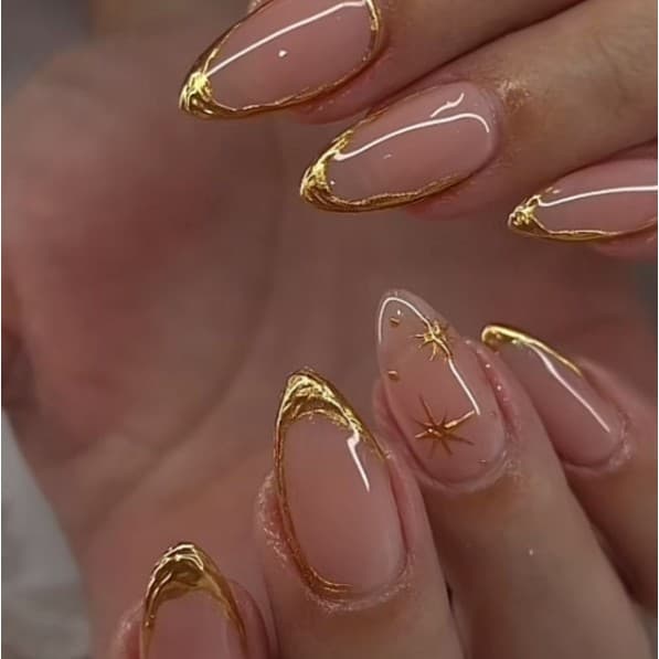 unha postiça realista amendoada 3D Com Cola Estampagem Dourada kit unhas postiças decoradas Médias nails