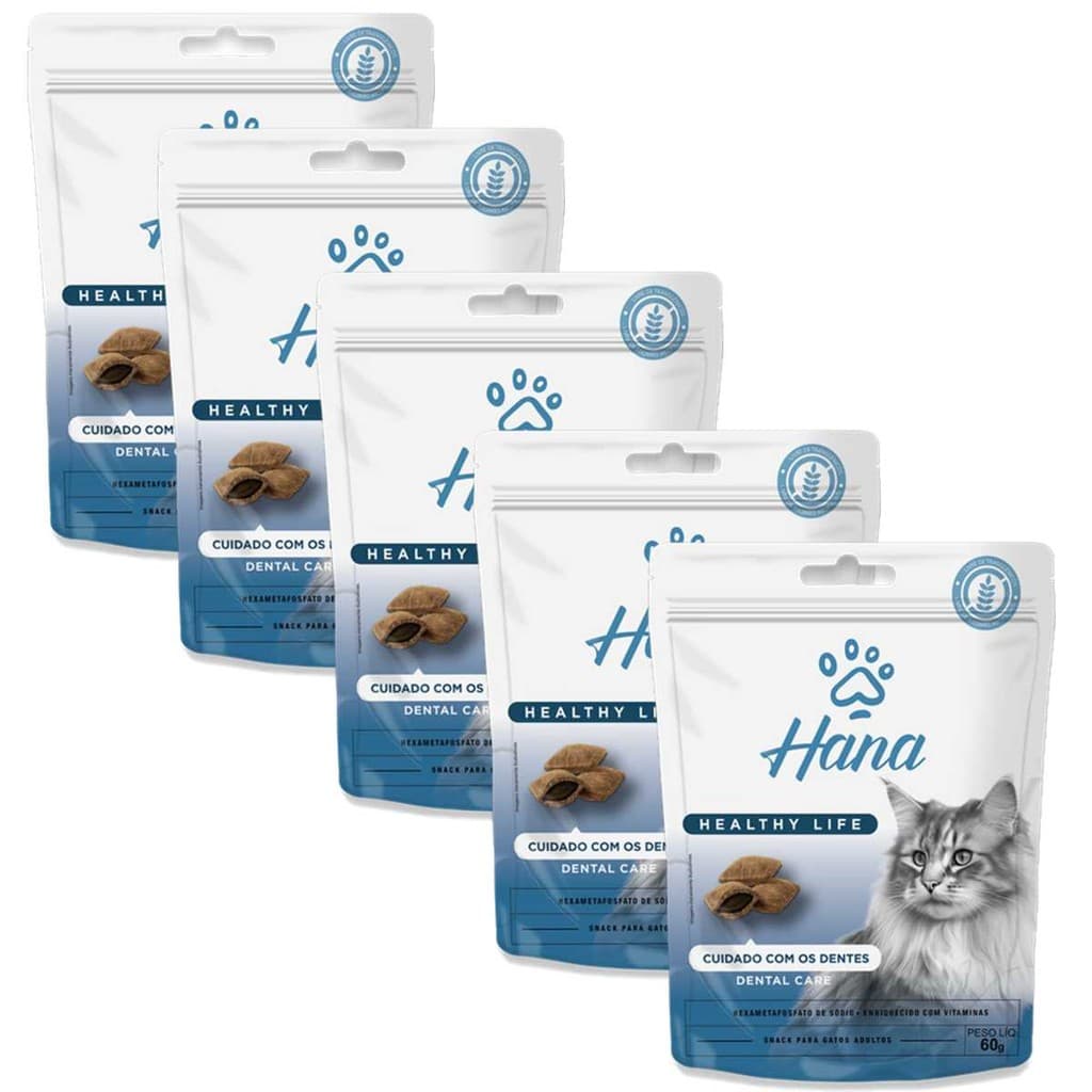 Kit 5un Petisco Para Gatos Hana Healthy Life Nuggets Dental Care 60g