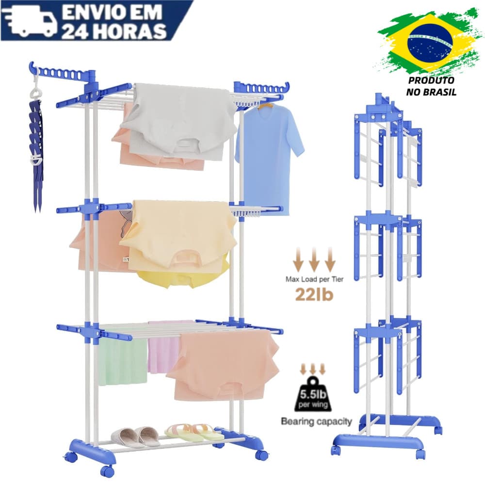 Varal De Chão Com Rodinhas Retrátil Articulado Dobrável 3 Andares Perfeito Para Lugares Pequenos