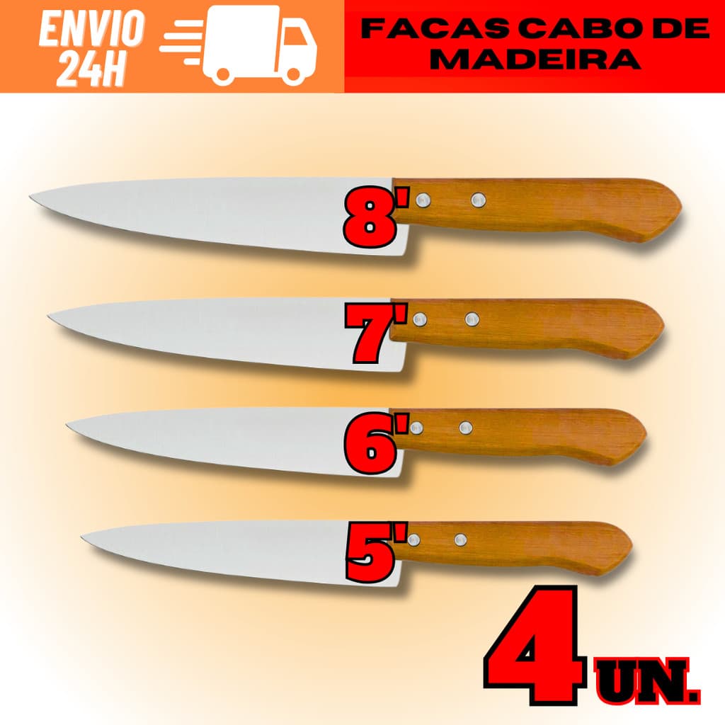 KIT 4 De Facas De Aço Inox Com Cabo De Madeira N°8 Nº7 Nº6 Nº5 Envio Rápido