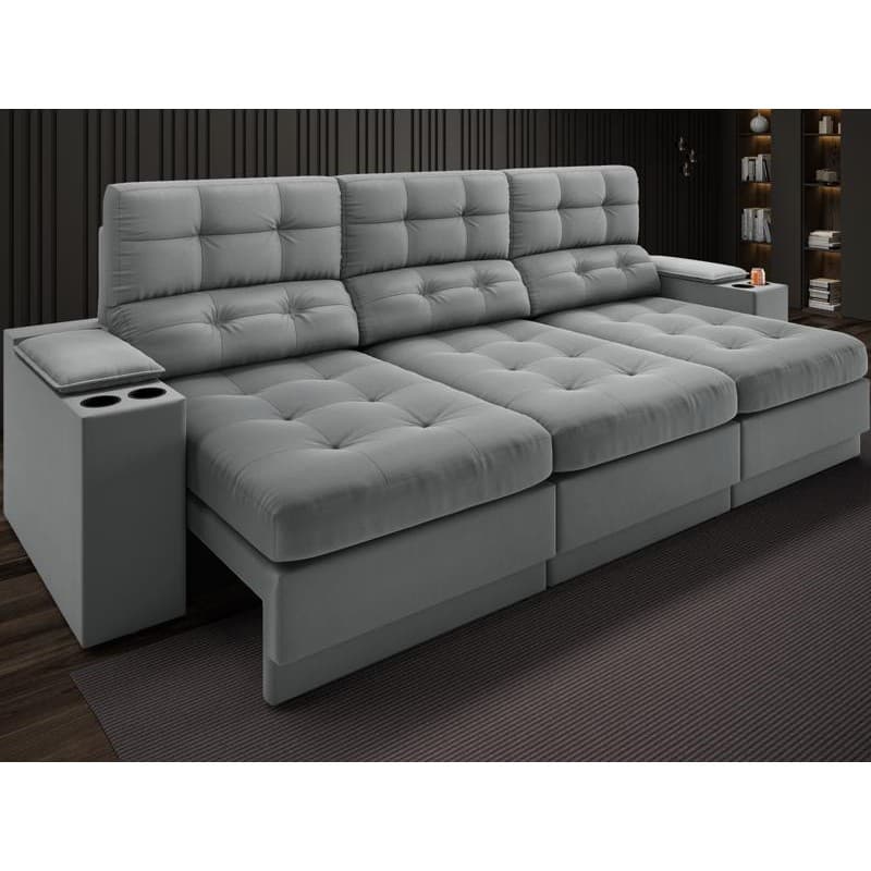 Sofá com Porta Copos e Carregador USB Eureka 2,30m Assento Retrátil e Reclinável Velosuede Grafite - NETSOFAS