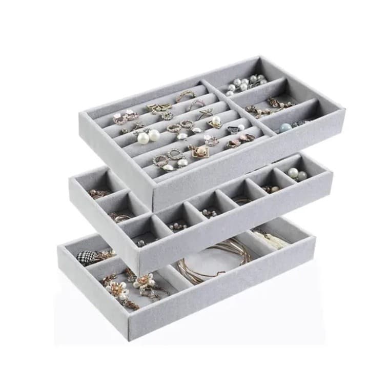 Organizador Porta Joias em Veludo Bandeja de Anel ou 18 Divisórias Modular Cinza/Rosa