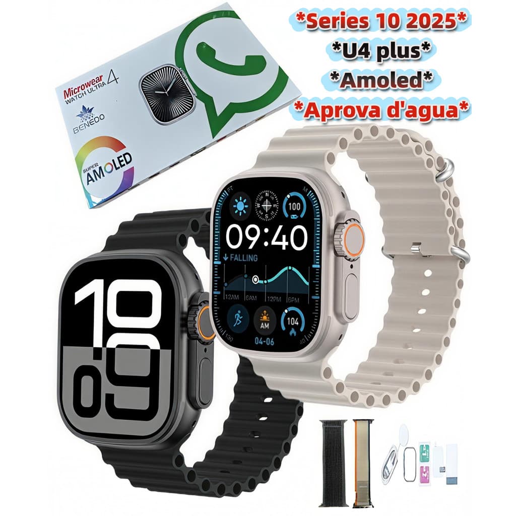 Smartwatch U4 Plus Series 10 2025 Amoled Aprova d'agua 49mm Inteligente Responde Msg Chatgpt Gps