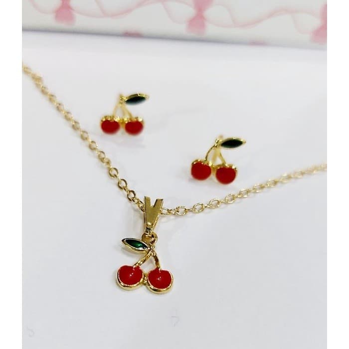 Conjunto Cereja Colar e Brinco infantil Menina Cerejinhas Folheado a Ouro