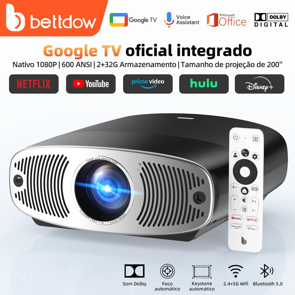 Projetor Bettdow 4K 25000 lúmens Full HD 1080p compatível com Android 9.0 (AOSP) + Google TV, Netflix original, 850 ANSI