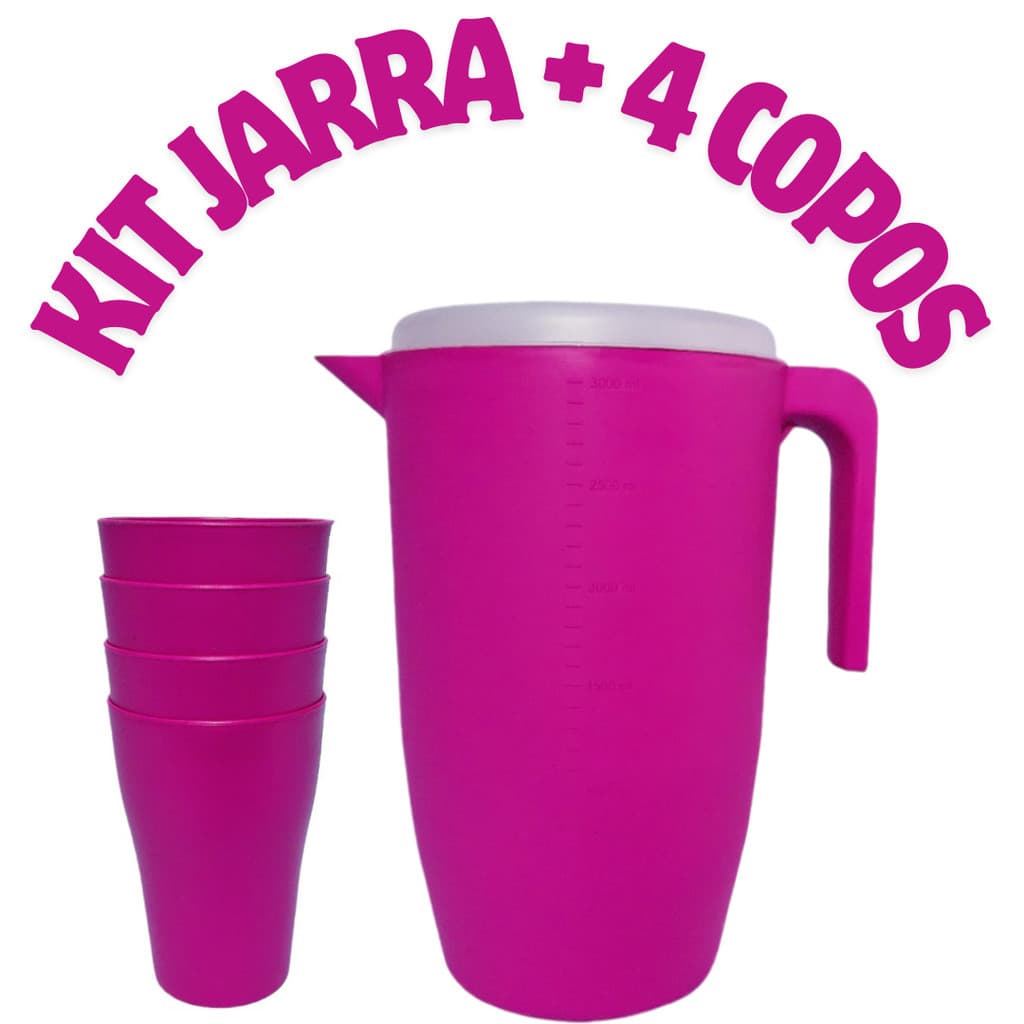 Kit Jarra 3L de Plásticos + 4 Copos Coloridos Reforçados