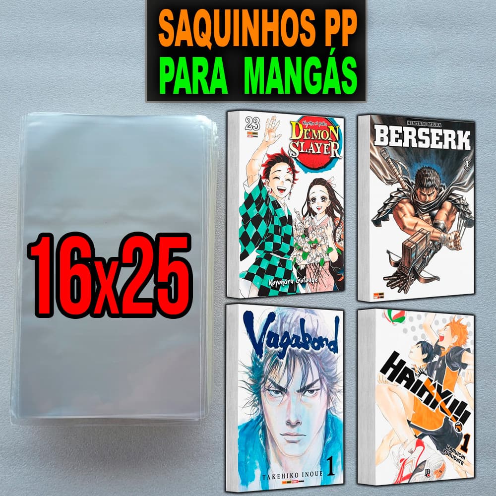 Saquinhos para Mangás e HQs 16x25 - Saquinhos PP Polipropileno Mangá e HQ - 10, 25, 50 e 100 unidades