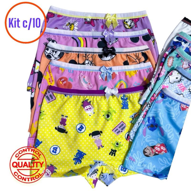 Kit 10 Calcinhas Boxer boxe Infantil de Microfibra com forro estampadas personagens