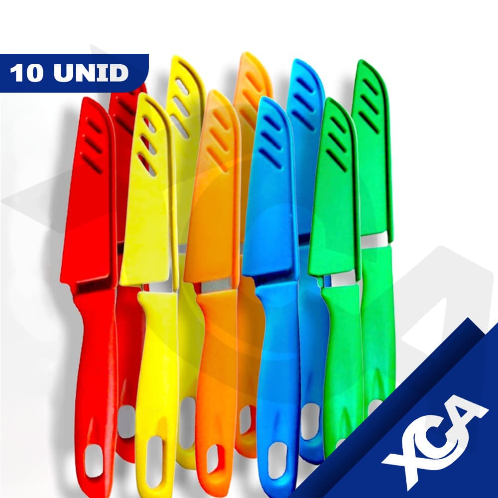 Faca Colorida Afiada Kit 10 Peças Cozinha Com Capa Cortador Pequeno Lâmina Aço Inox Faquinha