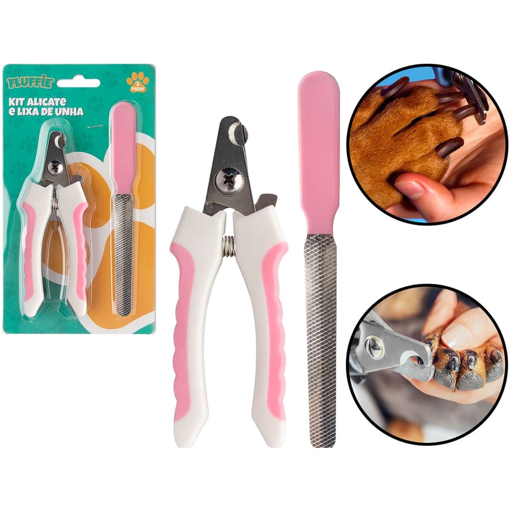 Kit Alicate Cortador De Unhas Para Pet Cão Gato Aço Inox + Lixa Profissional Cabo Plástico