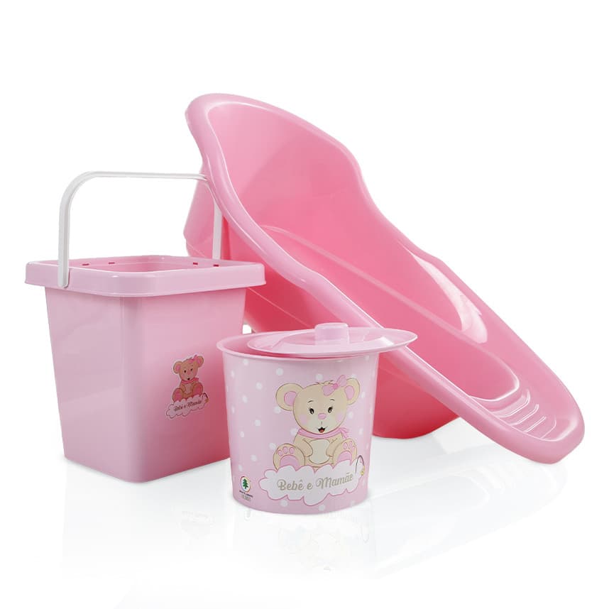 Kit Banheira Bebê com Balde e Lixeira – Estampa Ursinho