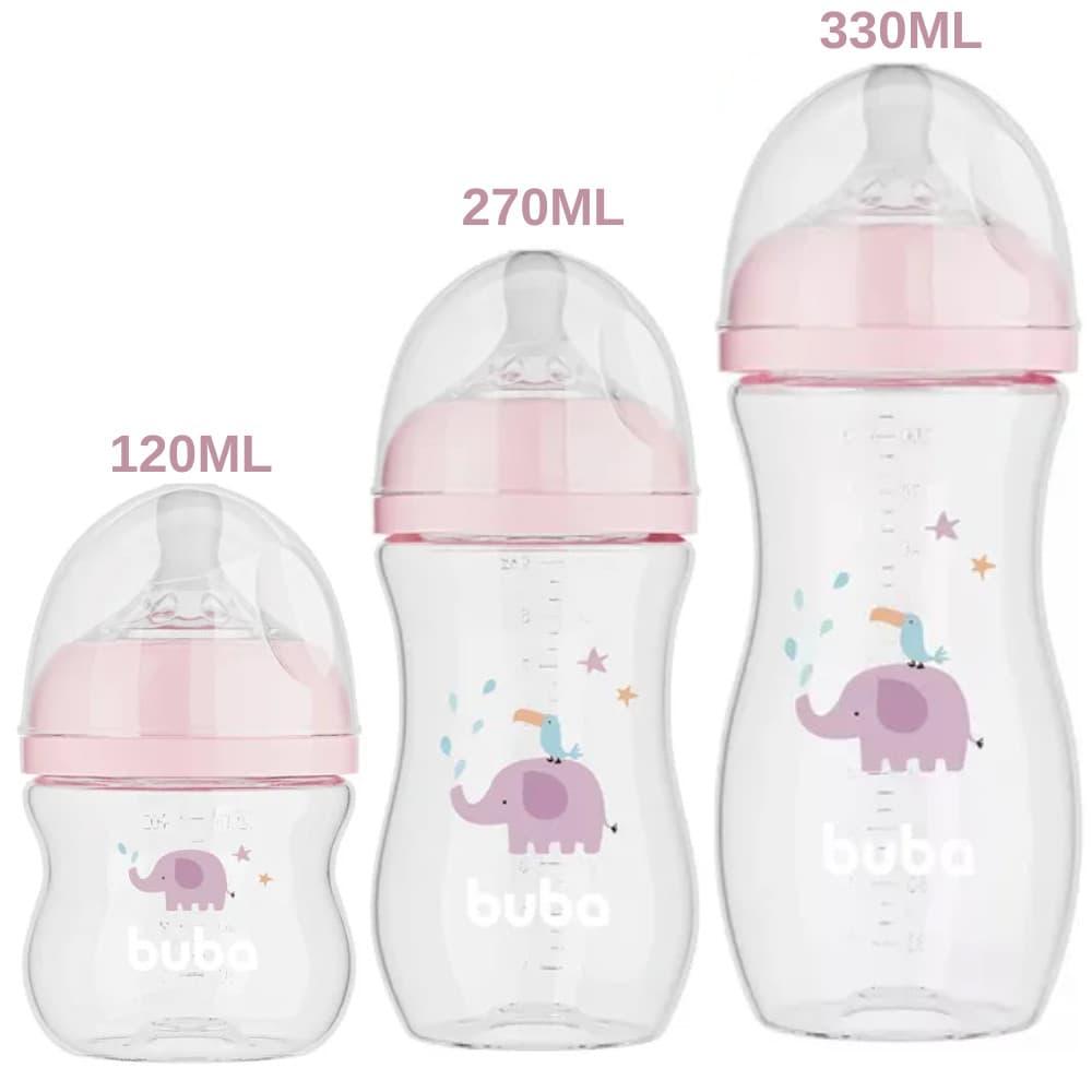 KIT C/ 3 MAMADEIRAS EASY FLOW ELEFANTE ROSA 120ML/270ML/330ML - BUBA