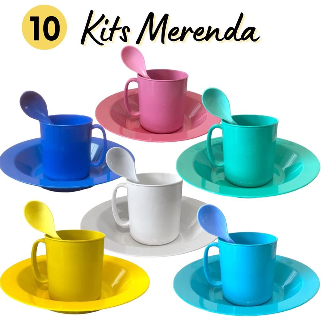 10 Canecas + 10 pratos + 10 Colheres plastico copo fundo talher reforçado color microondas escola
