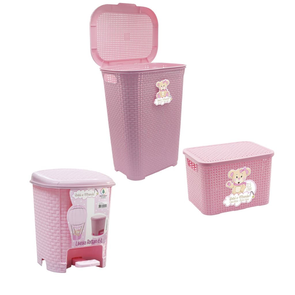 Kit Organizador Baby Cesto 30L Cesto 3,5L Lixeira 6L Rosa
