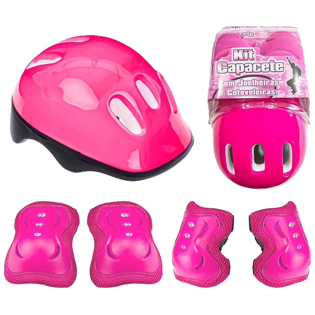 Kit Proteção Infantil Rosa Capacete Cotoveleiras Joelheiras Patins Skate Bicicleta Rollers Fenix