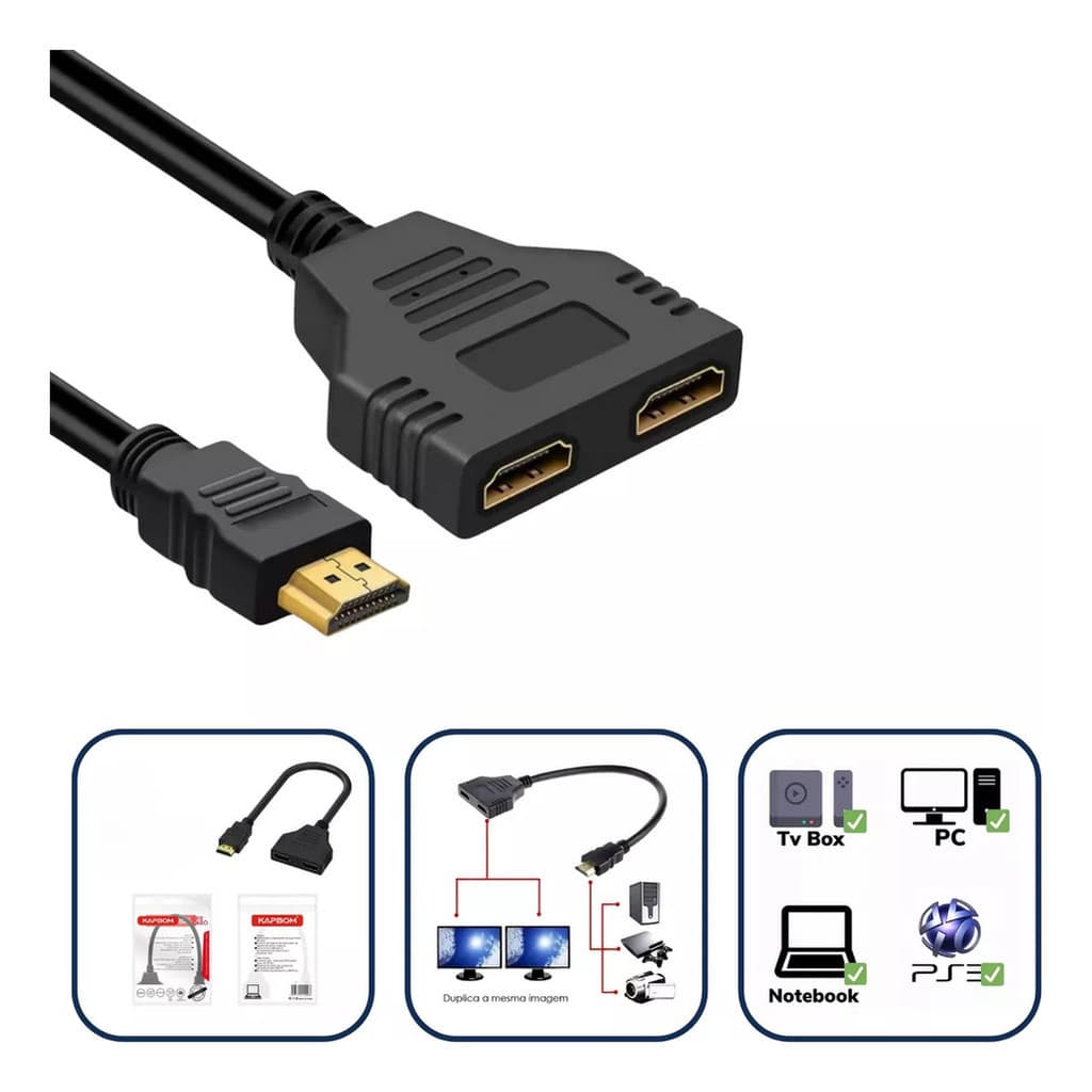 Cabo Hdmi Splitter Divisor Duplicador Y 1 Macho Para 2 Fêmea