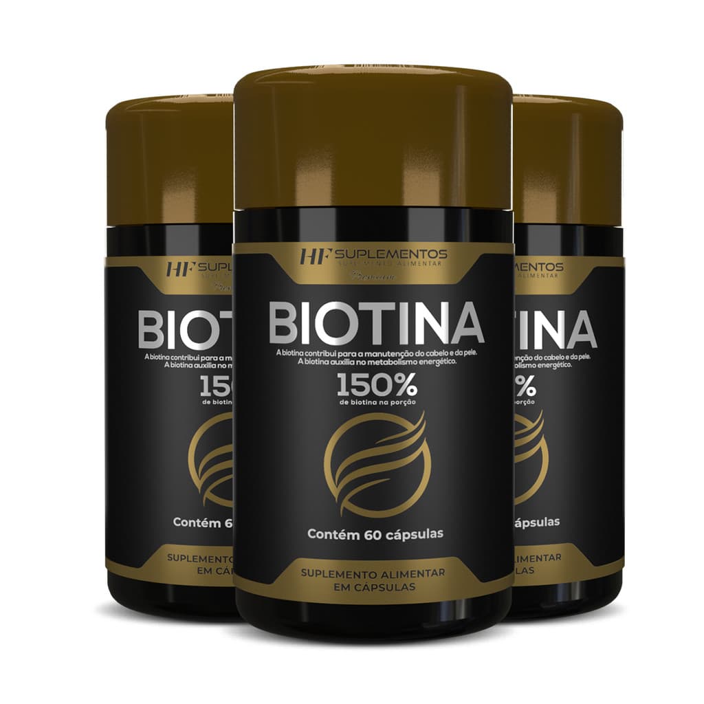 Kit 3x Biotina 150% HF Suplementos 400mg 60 Caps Premium Cabelo Pele e Unhas Crescimento Brilho