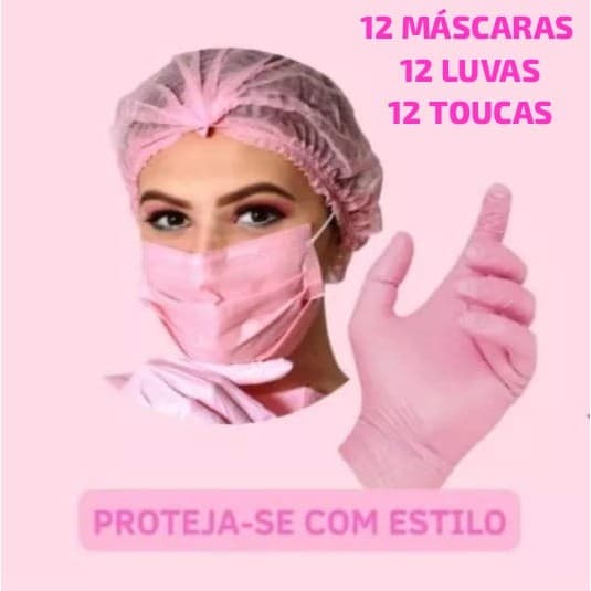 Kits Luvas Máscaras e Toucas Rosa e Preta com 12 Unidades de Cada Segurança Proteção Mãos Resistente