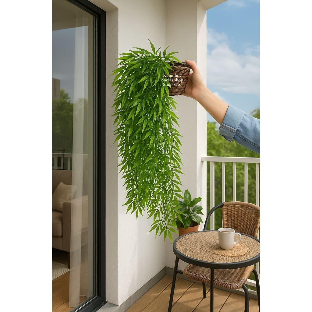 Vaso Trançado Com Folhagem Decorativa Pendente Bambu Ramo 80cm