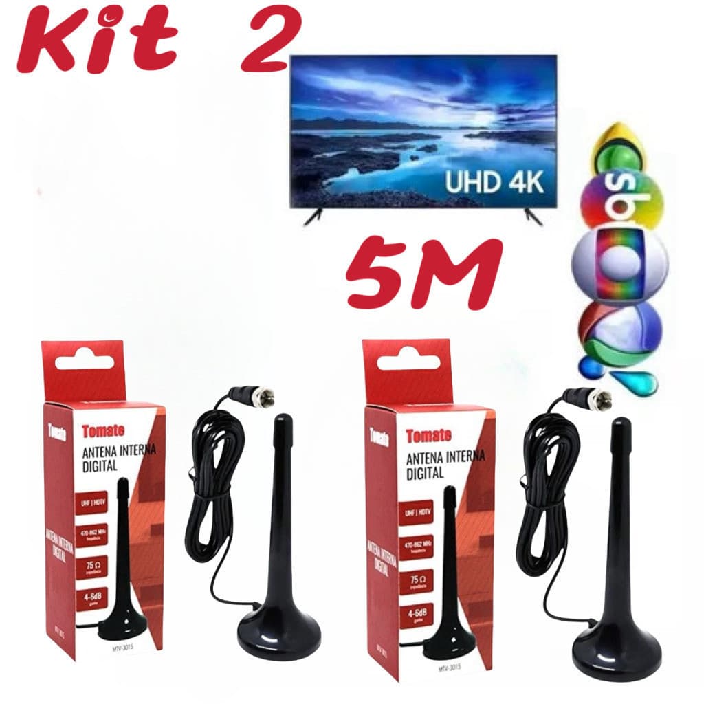 Kit 2 Antena Sinal Digital Interna Amplificada HD Portátil Cabo 5 Metros
