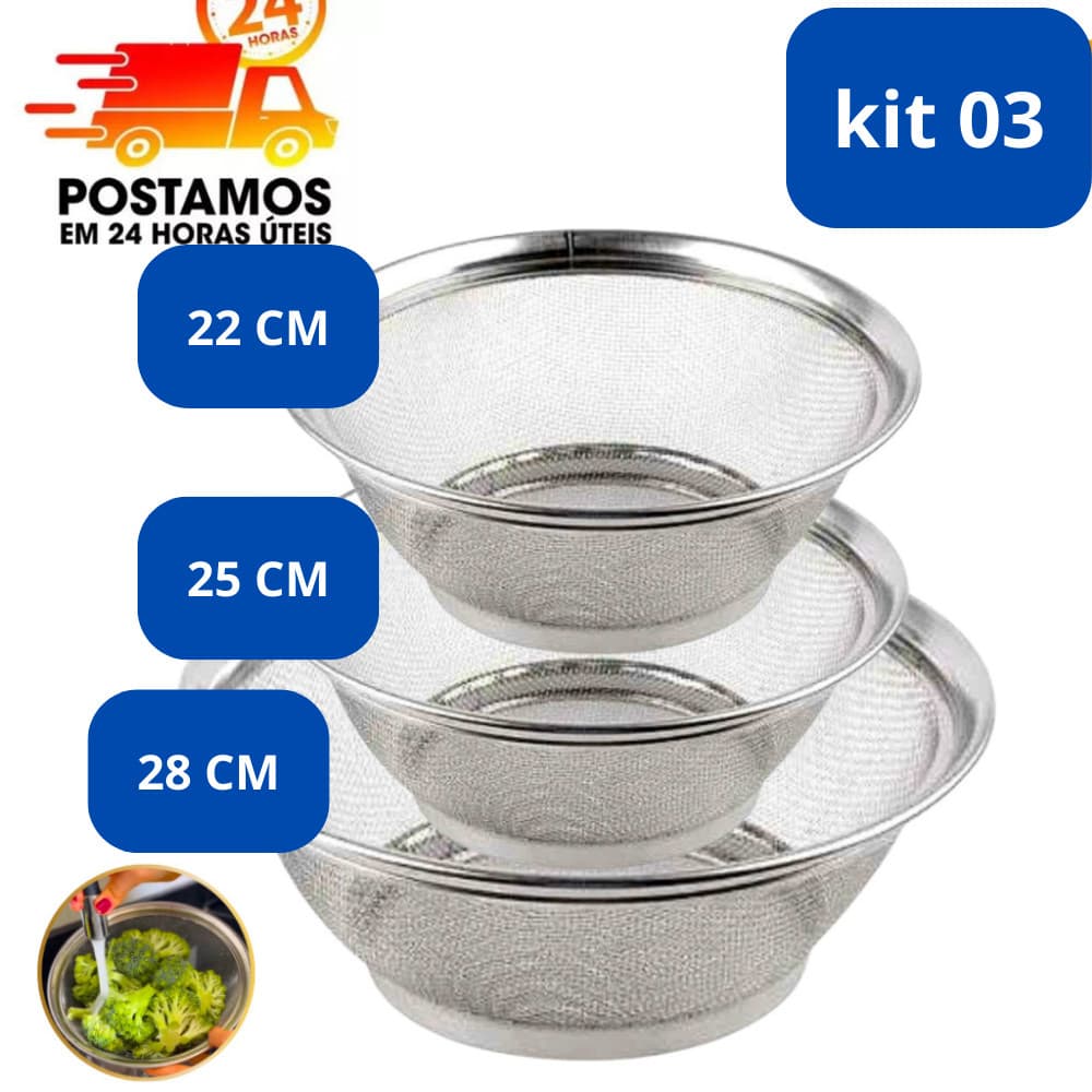 Kit 3 Cestas Inox Escorredor Multiuso 22, 25  e 28 cm Cozinha  Macarrão Legumes Arroz Fruteira