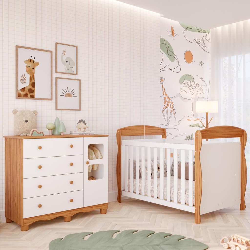 Quarto Bebê Completo Berço Americano Marquesa 3 Em 1 Cômoda Uli 4 Gavetas 1 Porta 100%MDF